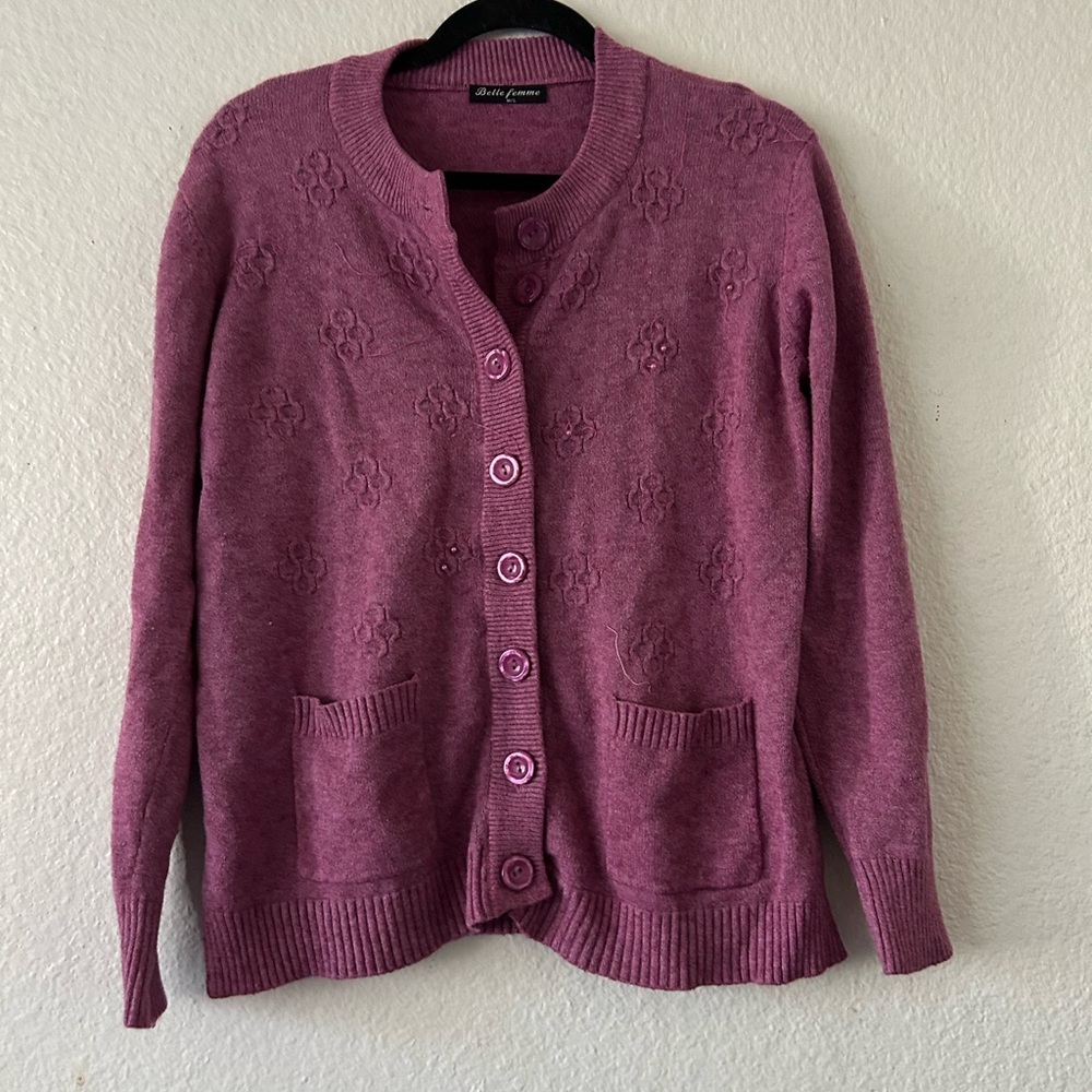 Belle‎ Femme Women’s Wool Cashmere Blend Mauve Cardigan Large Grandma Cozy - Picture 11 of 16